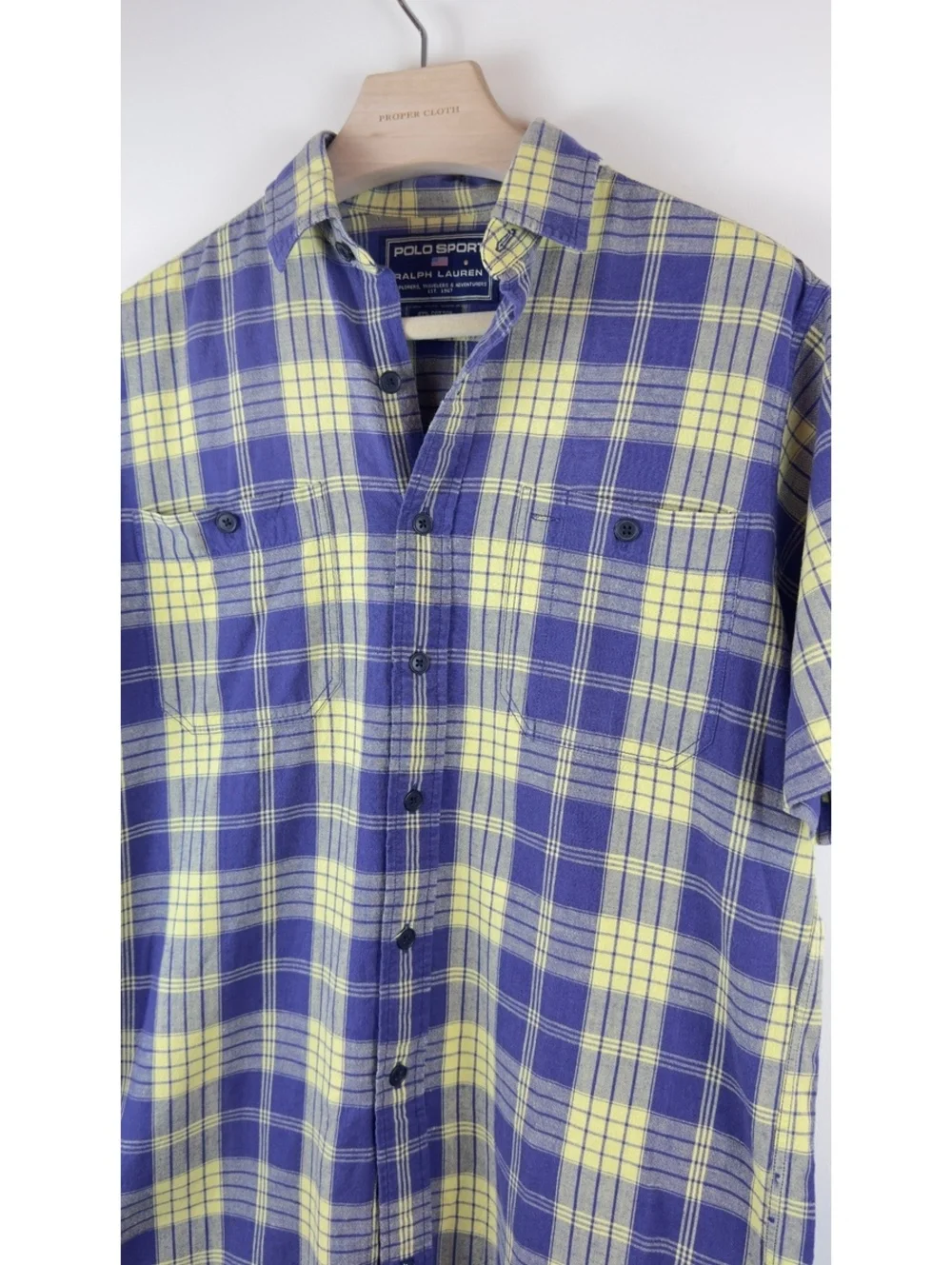 Vintage Polo Sport Ralph Lauren Mens S Blue Yellow Plaid Linen Shirt 90s